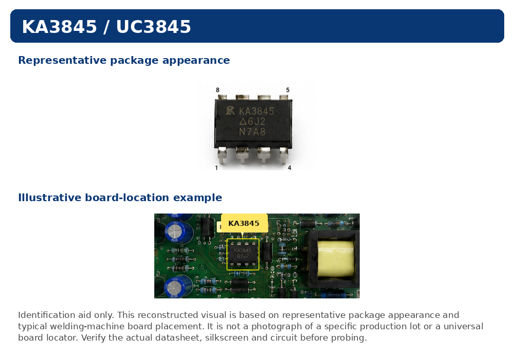 Representative KA3845 UC3845 package and illustrative auxiliary-power board placement