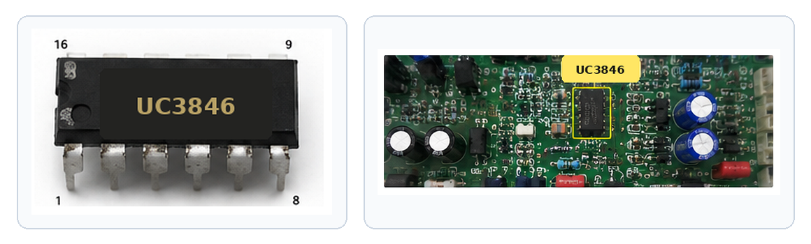 UC3846 DIP-16 pin-one orientation and typical welding-machine control-board position